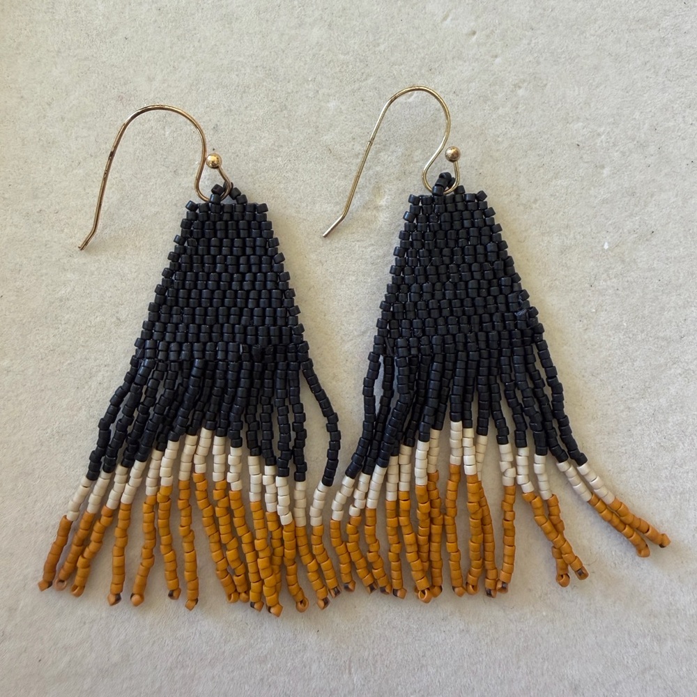 Handcrafted Handmade Black and Gold Beaded Fringe Triangle Earrings 3”